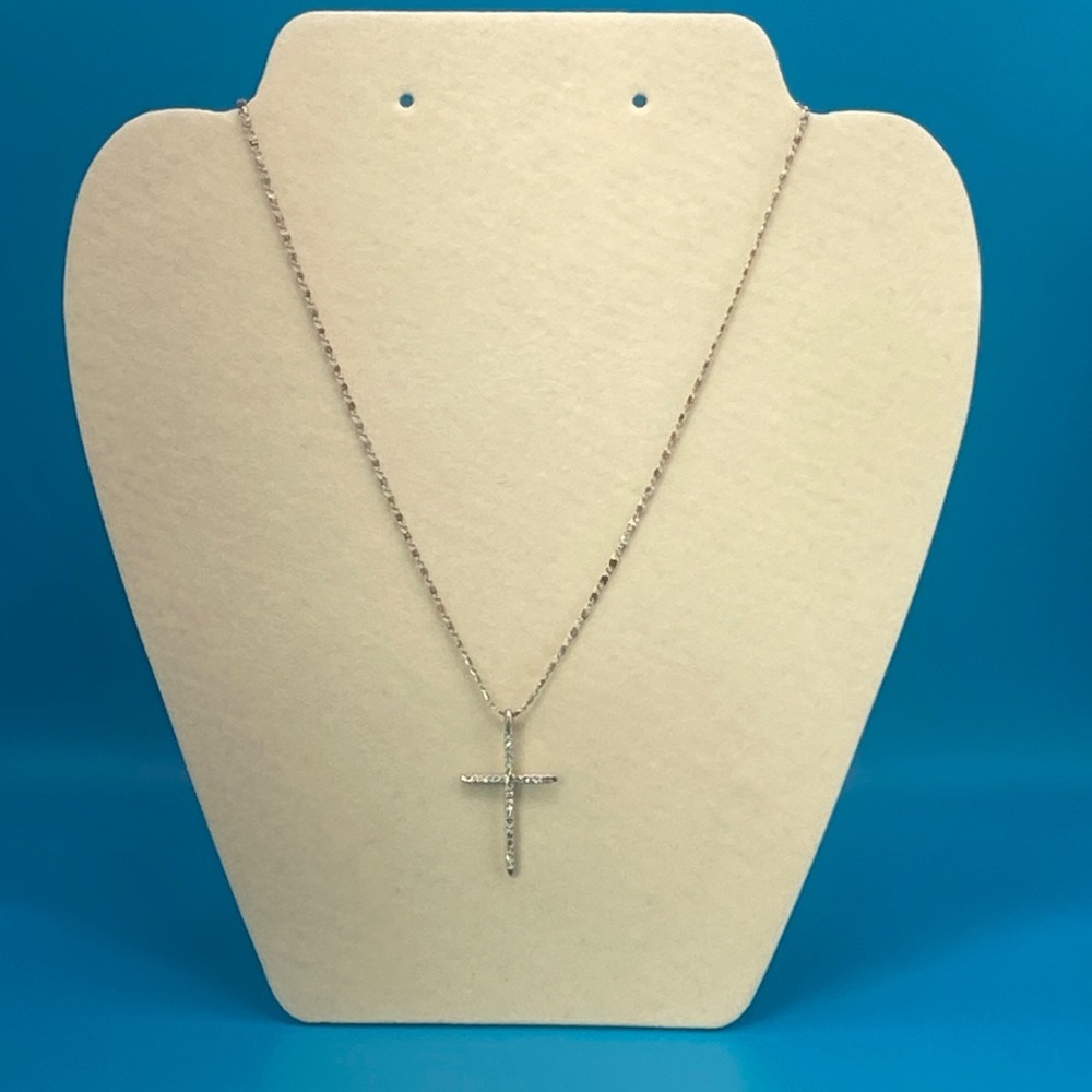 Silver Toned Metal‎ Rhinestone Lined Cross Shaped Pendant Single Strand Necklace